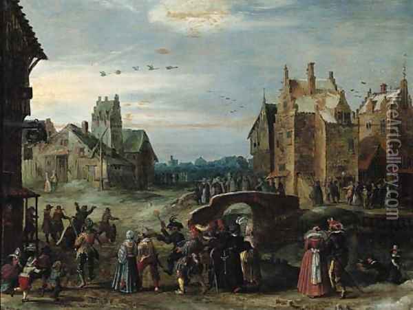 A carnival procession in a village street on Shrove Tuesday Oil Painting - Govaert Jansz., Called Mijnheer