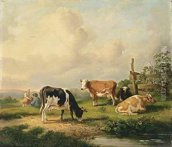 Cows In A Landscape Oil Painting - Hendrikus van den Sande Bakhuyzen