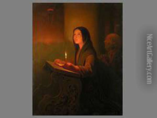 Junges Madchen Bei Kerzenschein Oil Painting - Carl Trost