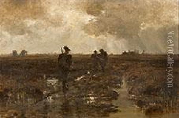 Drei Jager Auf Einer Sumpfigen Wiese Bei Regen Oil Painting - Eduard Ii Schleich