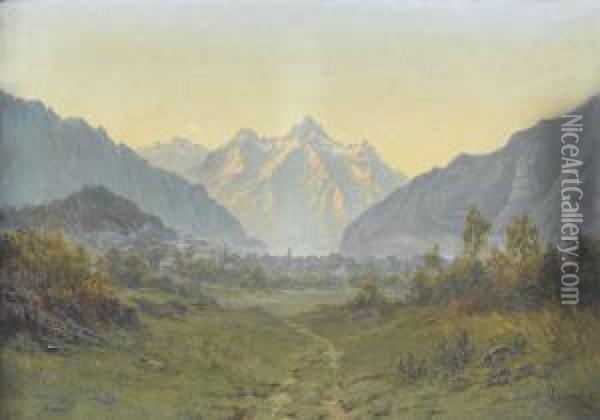 Gebirgstal Mit Ortschaft Bei Sonnenaufgang Oil Painting - Oscar Louis Mascre