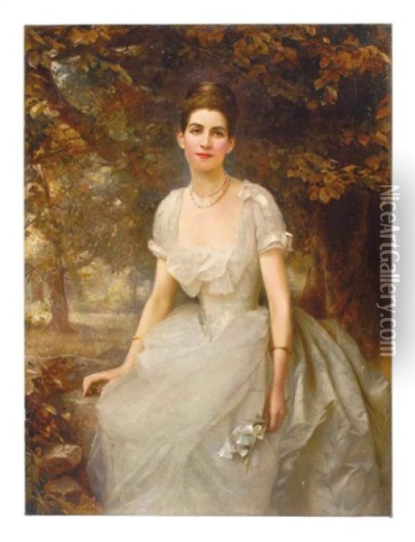 Portrait Of Vere Monckton-arundell, Seated In A White Evening Dress Holding Lilies In A Landscape Oil Painting - Edward Hughes