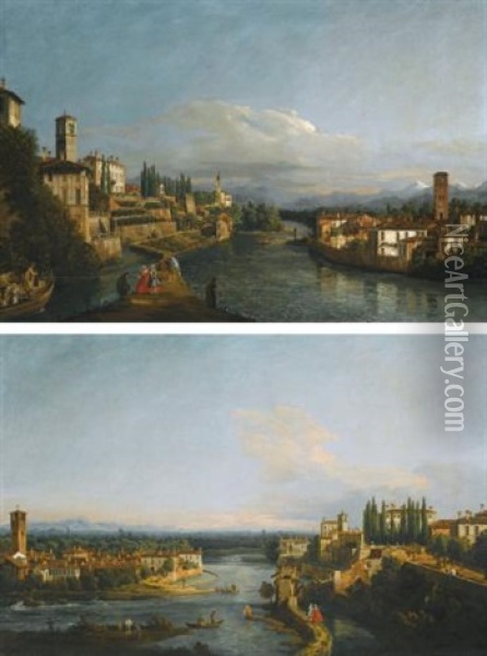 A View Of Vaprio, On The Left And Canonica, On The Right Looking North-west From The West Bank Of The Adda, Near The Brembo Confluence; A View Of Canonica, On The Left And Vaprio, On The Right Looking South From The Monasterolo On The West Bank Of The Add Oil Painting - Bernardo Bellotto