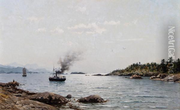 Steamboat And Ships At The Coast Oil Painting - Adelsteen Normann