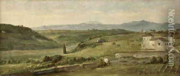 Panoramic Landscape With A Farmhouse Oil Painting - George Frederick Watts