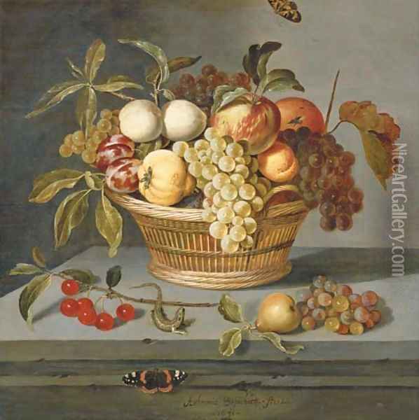 Grapes with a pear, an apricot, apples and plums in a wicker basket with a sprig of cherries, a lizard and a Red Admiral butterfly on a stone ledge Oil Painting - Ambrosius the Elder Bosschaert