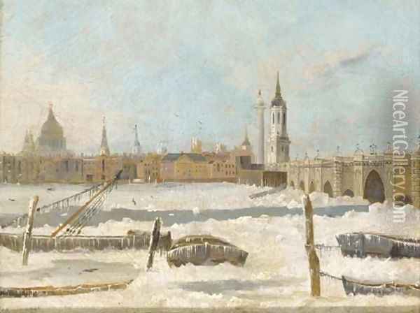 Old London Bridge with the Thames partially frozen Oil Painting - Daniel Turner