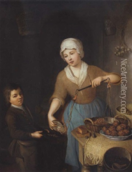 A Woman Weighing Hazelnuts With A Boy In A Kitchen Oil Painting - Louis de Moni
