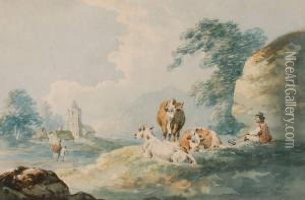 Watercolour, Figures Andcattle 
Near A Country Road, Unsigned With Gallery Label Verso.6.25