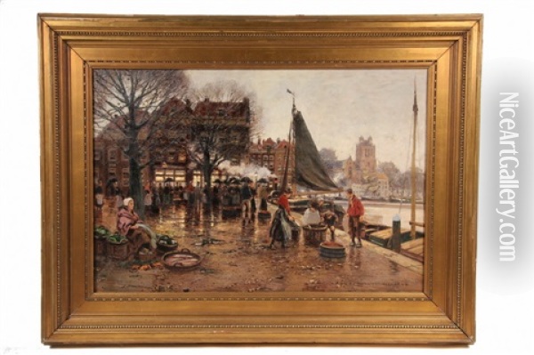 Dutch Harbor Marketplace Oil Painting - Heinrich Hermanns