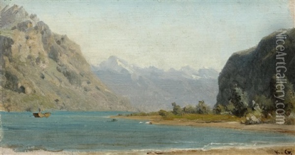 Mountain Lake With Boat Oil Painting - Karl Girardet