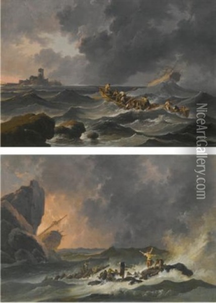 Two Shipwreck Scenes (pair) Oil Painting - Jean Baptiste Pillement