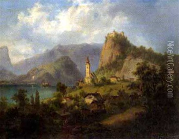 Landschaft Mit Einer Burg Am Felsen Oil Painting - Georg Geyer