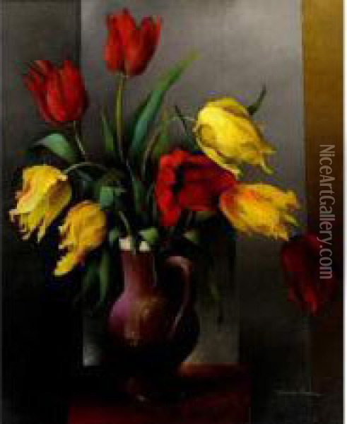 Bouquet De Tulipes Dans Un Vase En Gre Oil Painting - Pierre Hode