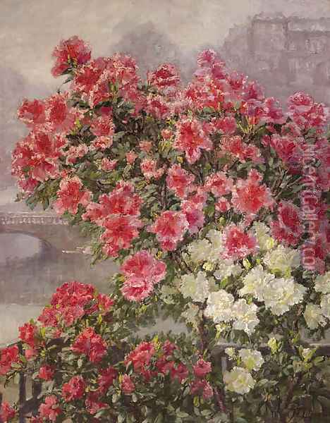 Blooming azalea along the river Seine, Paris Oil Painting - Hildegard Lehnert