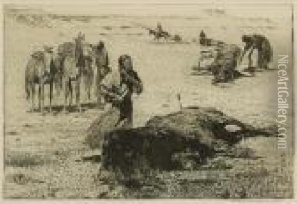 After The Buffalo Hunt; Navajo Shepherd Oil Painting - John Edward Borein