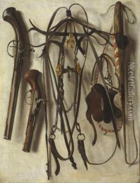 A Trompe L'oeil Of Hunting Equipment, Including A Bridle, Pistols,whip, And Spurs, Hanging On A Wall Oil Painting - Christopher Pierson