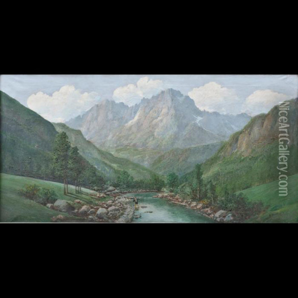 Veduta Fluviale Con Montagne E Pescatore Oil Painting - Jean-Baptiste Bonacina