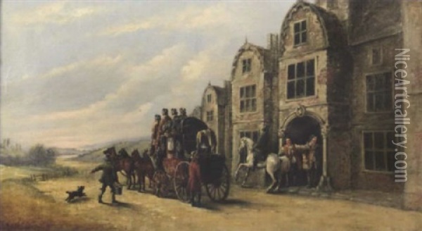 Coach And Horses Outside An Inn Oil Painting - John Charles Maggs