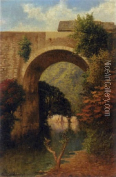 A Bridge In A Mexican Landscape Oil Painting - August Loehr