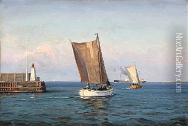 Seascape With Sailing Boats Heading For The Sea Oil Painting - Christian Benjamin Olsen