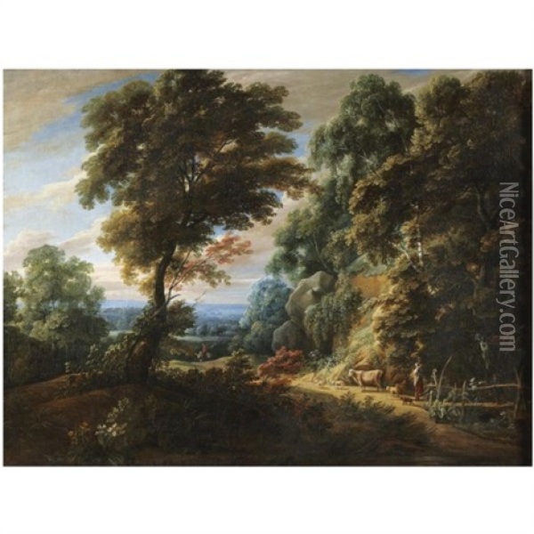A Wooded Landscape With A Shepherdess Passing A Steep Bank (edge Of The Foret De Soignes?) Oil Painting - Jacques d' Arthois