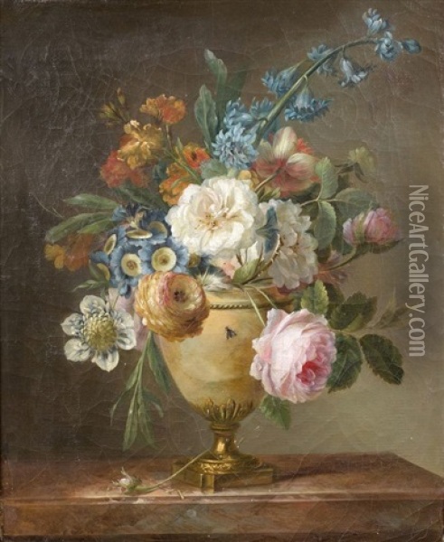 Nature Morte Au Bouquet De Fleurs Pose Sur Un Entablement Oil Painting - Michel Bruno Bellenge