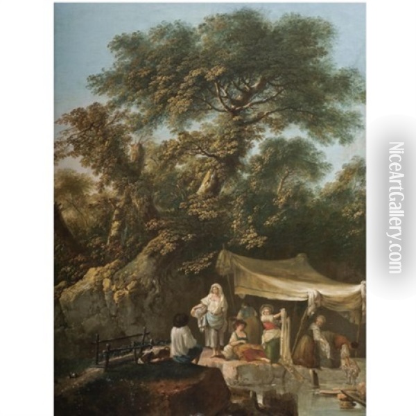 Washerwomen By The River Oil Painting - Jean Baptiste Pillement