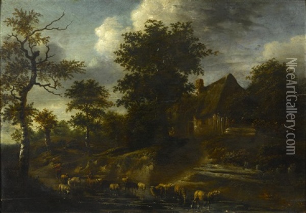 A Wooded Landscape With Figures And Sheep By A Stream In The Foreground Oil Painting - Roelof van Vries