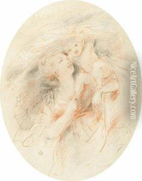 Sketch Of A Lady With A Child Sitting Upon Her Shoulder Oil Painting - Jean-Frederic Schall