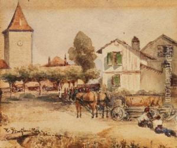 Pferdefuhrwerk Auf Einem Dorfplatz Oil Painting - Karl Stuhlmuller