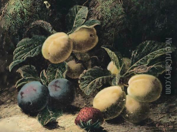Still Life Of Plums And A Strawberry Oil Painting - Oliver Clare