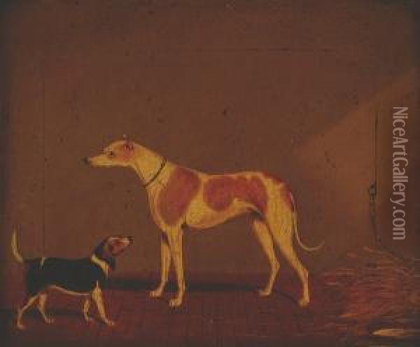 A Greyhound And A Beagle In A Stable Oil Painting - Edwin Loder