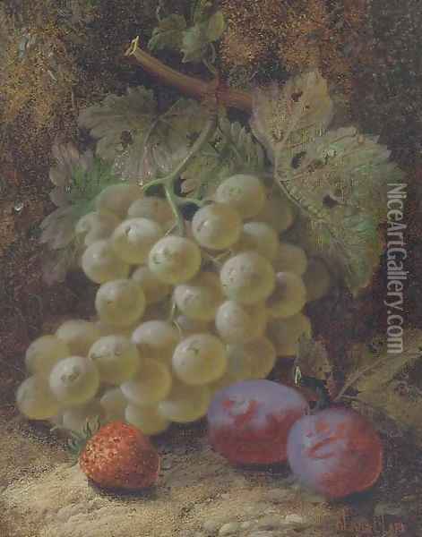 Grapes, plums and a strawberry on a mossy bank Oil Painting - Oliver Clare