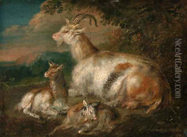 Goats and a kid in a wooded landscape Oil Painting - Philipp Peter Roos