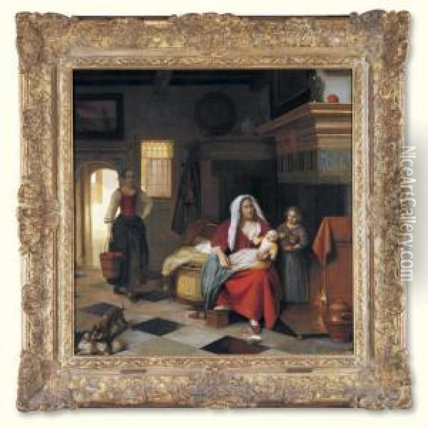 An Interior With A Mother And 
Her Children Before A Fireplace, A Maid Carrying A Pail Of Water Behind Oil Painting - Pieter De Hooch