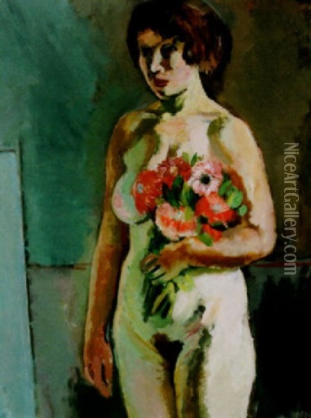 Kvinna Med Blomsterbukett Oil Painting - Nils Nilsson