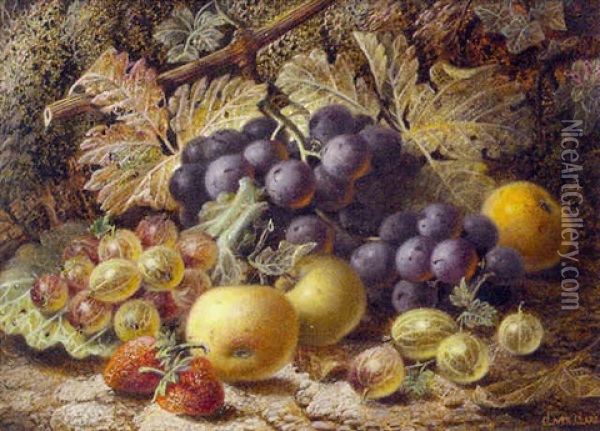 A Still Life Of Mixed Fruit On A Mossy Bank Oil Painting - Oliver Clare