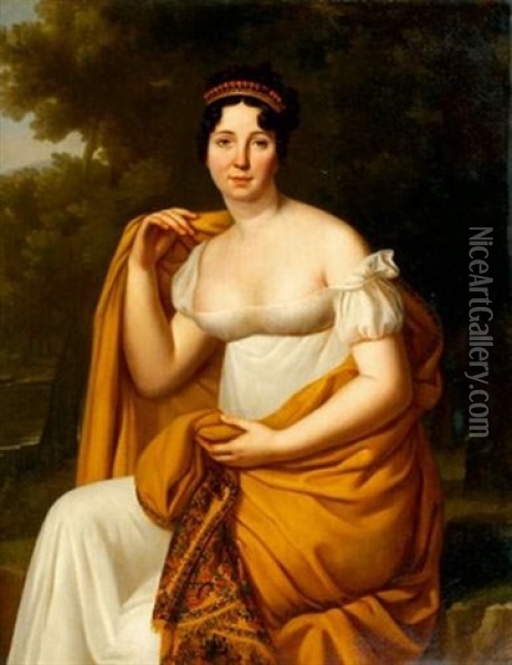 Portrait De Femme Au Chale Jaune Oil Painting - Julie Volpeliere