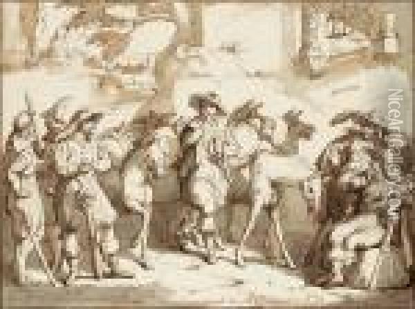 Soldaten Und Treiber Mit Beladenen Eseln Vor Einer Schenke Oil Painting - Bartolomeo Pinelli