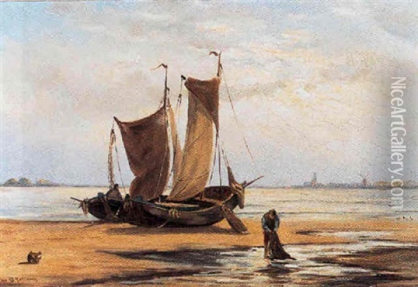 Bomschuiten Met Vissers Op Het Strand Oil Painting - Johannes Hermanus Barend Koekkoek