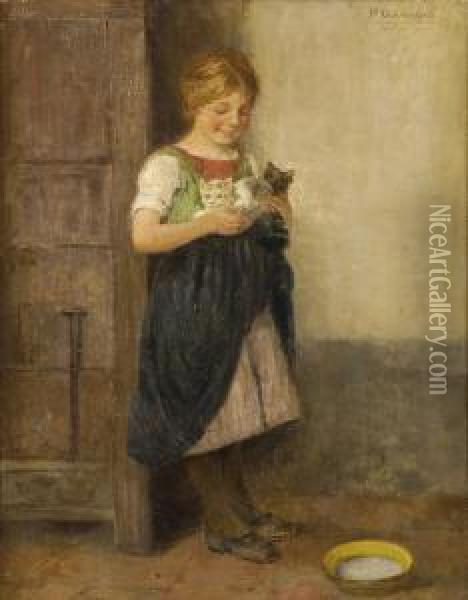 Die Katzenmama. Oil Painting - Hugo Oehmichen