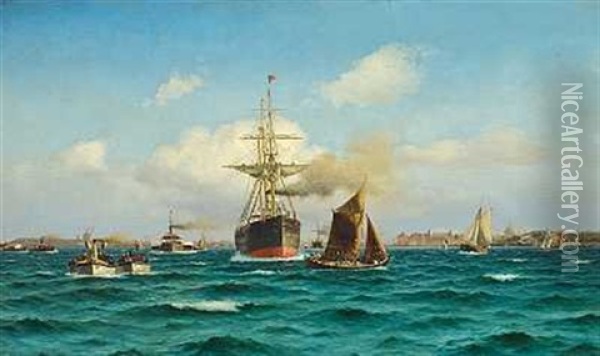 Fragt- Og Passagerskib Sejler Ud Af Kobenhavns Havn Eskorteret Af Talrige Skibe Oil Painting - Holger Luebbers