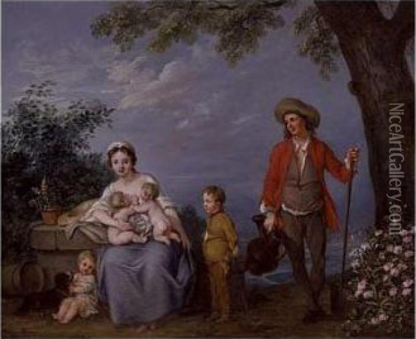 A Gardener And His Family In A Landscape Oil Painting - Jean Benard