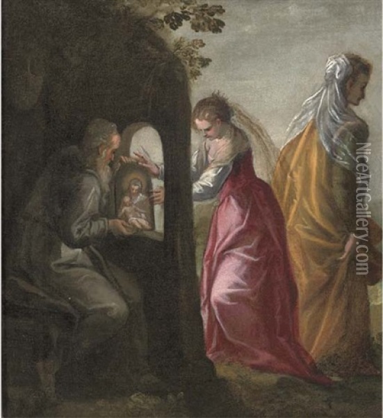 Saint Catherine Of Alexandria Receiving An Icon From A Hermit, Her Mother In The Background Oil Painting -  Scarsellino