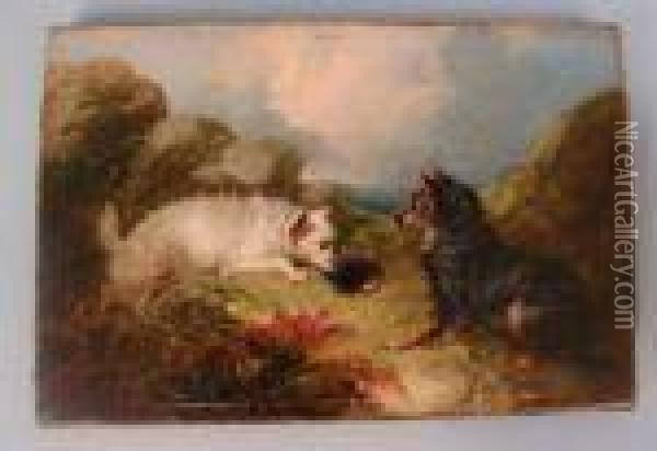 Two Terriers At A Rabbit Hole Oil Painting - George Armfield