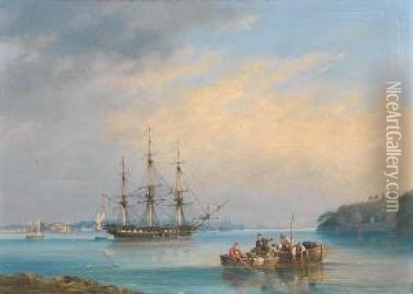 A Frigate Of The Royal Navy At Anchor In The Barn Pool, Off Mount Edgcumbe, Plymouth Oil Painting - Condy, Nicholas Matthews