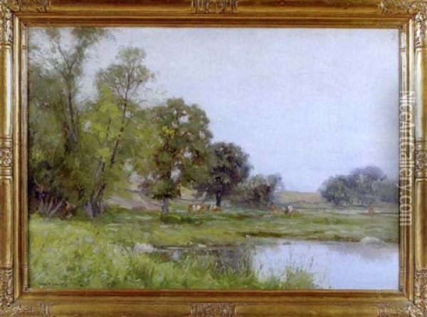 Summer Landscape With Grazing Cattle Oil Painting - George F. Schultz