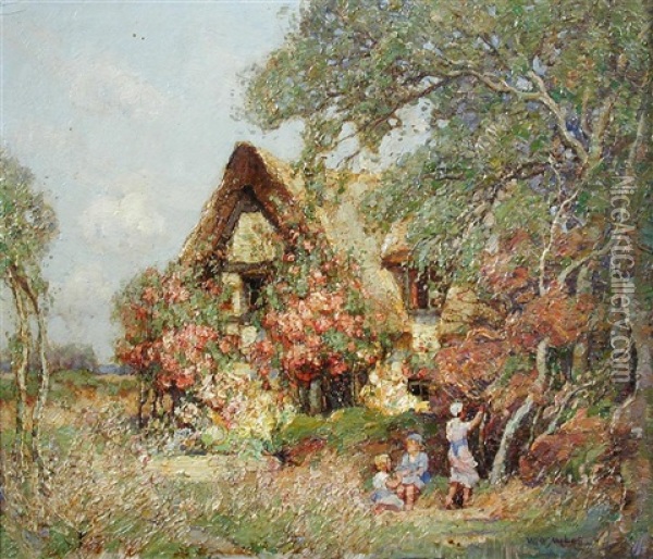 Children Blackberrying Outside A Rose-covered Cottage Oil Painting - William Watt Milne
