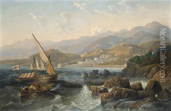 A Spanish Xebec And Other Local Craft In The Mediterranean Off The Harbour Of Monte Carlo, Monaco Oil Painting - John Wilson Carmichael